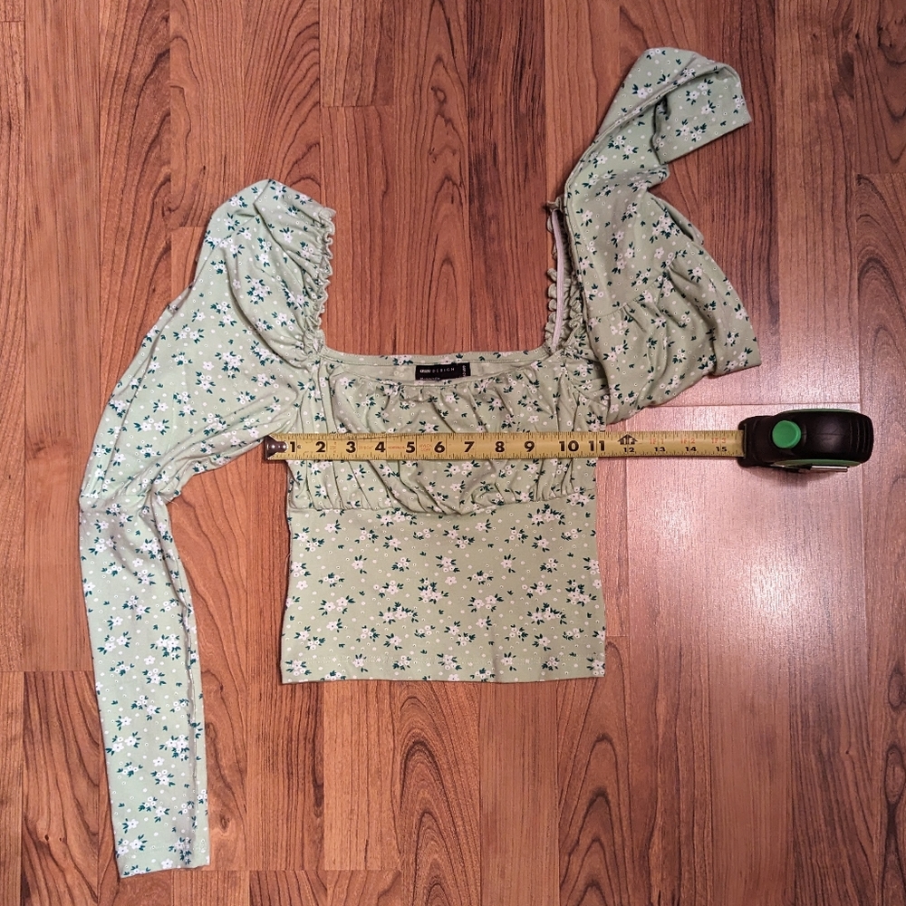 ASOS Square Neck Puff Sleeve Top in Green and White, Size 0 - Picture 3 of 7